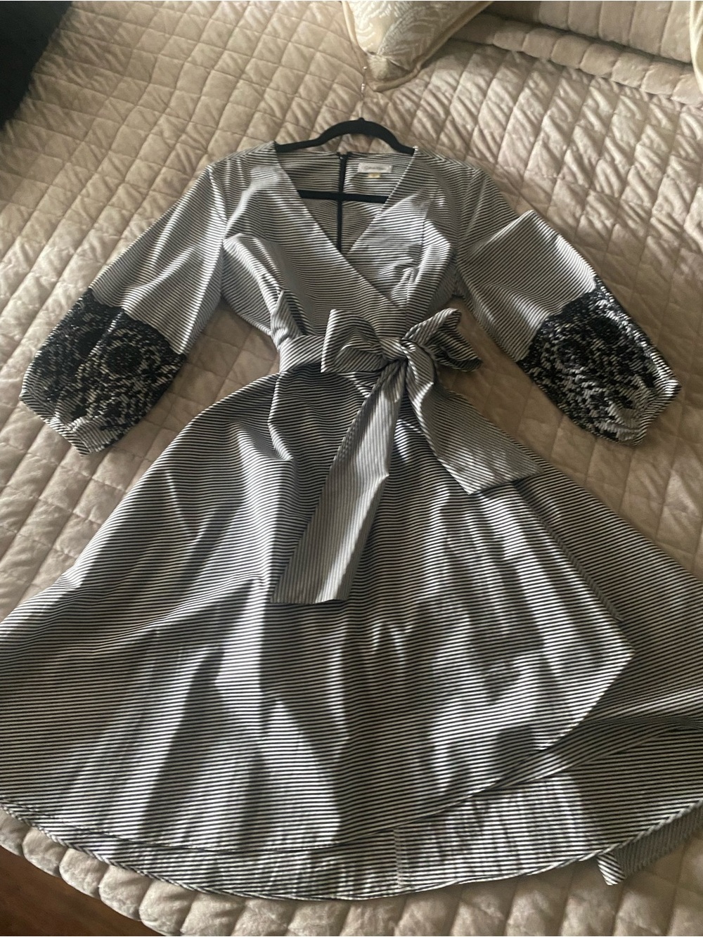 Calvin Klein Black & White Striped Wrap Midi Dress with Embroidered Puff Sleeves